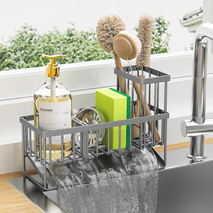 Cisily Sink Caddy Sponge Holder for Kitchen with Brush Holder and Stainless Steel Self Drain Tray, Rustproof Kitchen Sink Organizer for Sponge, Soap Dispenser Storage Accessories
