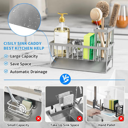 Cisily Sink Caddy Sponge Holder for Kitchen with Brush Holder and Stainless Steel Self Drain Tray, Rustproof Kitchen Sink Organizer for Sponge, Soap Dispenser Storage Accessories