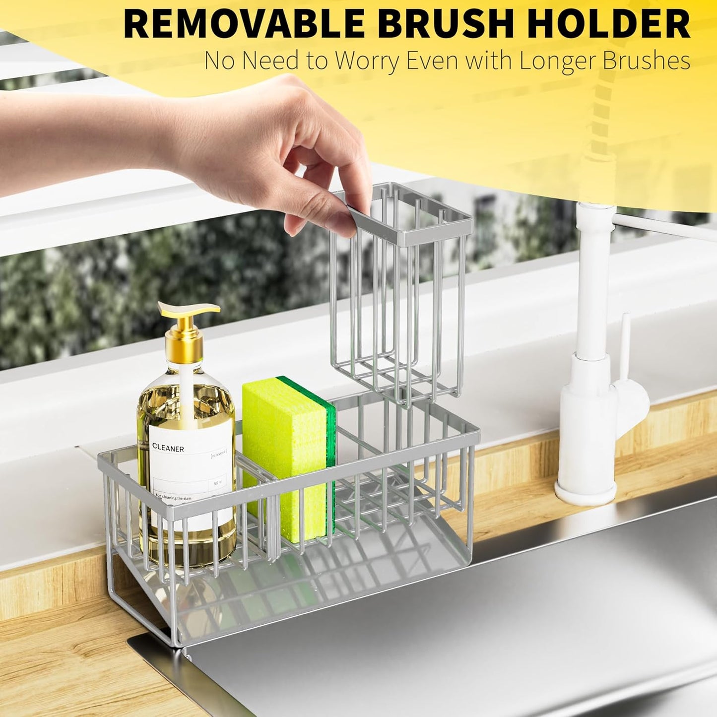 Cisily Sink Caddy Sponge Holder for Kitchen with Brush Holder and Stainless Steel Self Drain Tray, Rustproof Kitchen Sink Organizer for Sponge, Soap Dispenser Storage Accessories