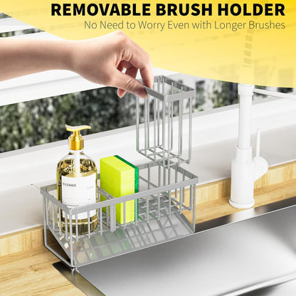 Cisily Sink Caddy Sponge Holder for Kitchen with Brush Holder and Stainless Steel Self Drain Tray, Rustproof Kitchen Sink Organizer for Sponge, Soap Dispenser Storage Accessories