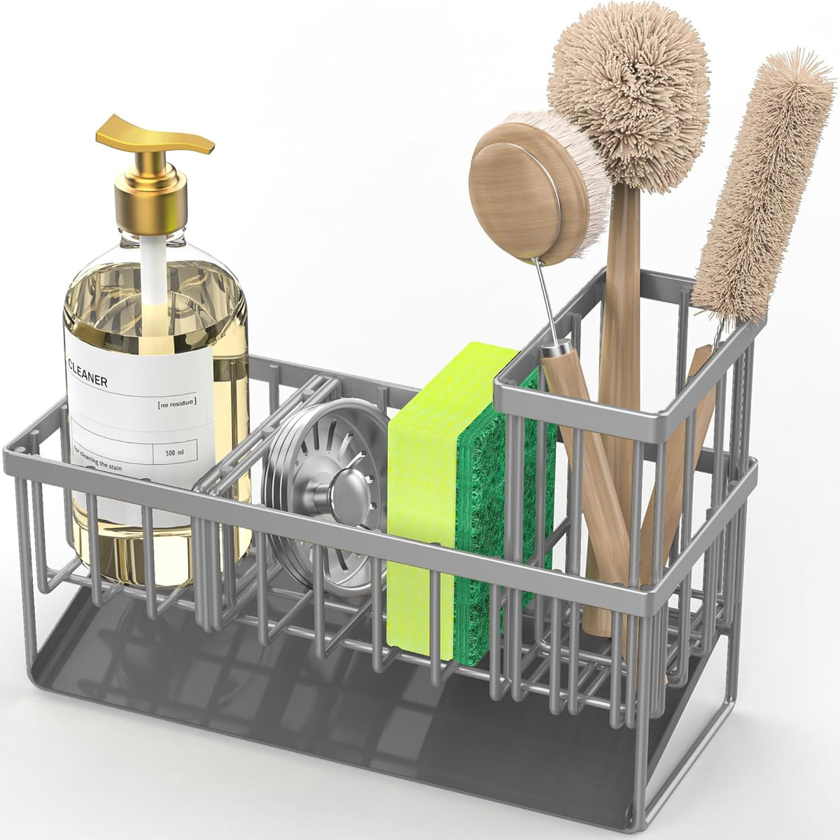 Cisily Sink Caddy Sponge Holder for Kitchen with Brush Holder and Stainless Steel Self Drain Tray, Rustproof Kitchen Sink Organizer for Sponge, Soap Dispenser Storage Accessories