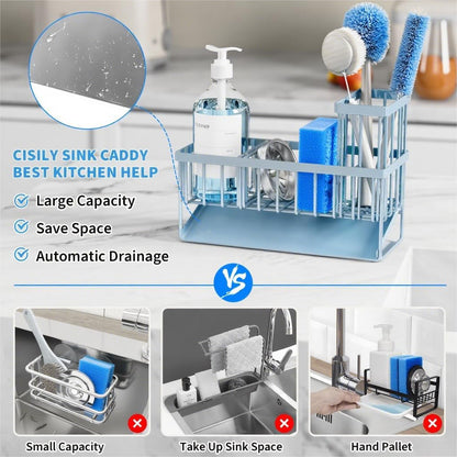 Cisily Sink Caddy Sponge Holder for Kitchen with Brush Holder and Stainless Steel Self Drain Tray, Rustproof Kitchen Sink Organizer for Sponge, Soap Dispenser Storage Accessories