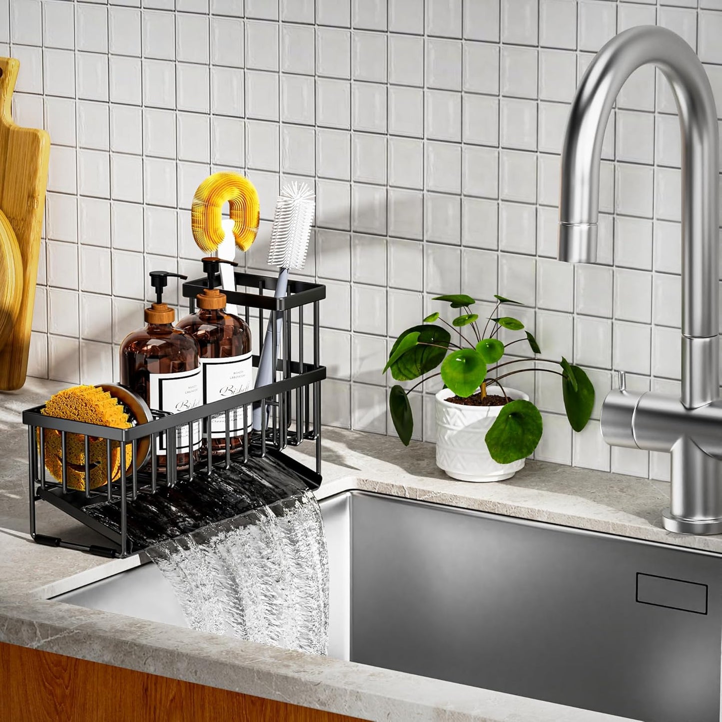 Cisily Sink Caddy Sponge Holder for Kitchen with Brush Holder and Stainless Steel Self Drain Tray, Rustproof Kitchen Sink Organizer for Sponge, Soap Dispenser Storage Accessories