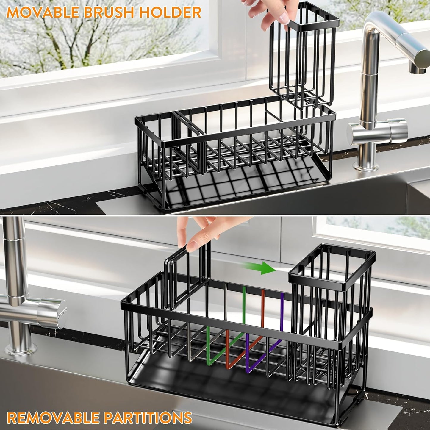 Cisily Sink Caddy Sponge Holder for Kitchen with Brush Holder and Stainless Steel Self Drain Tray, Rustproof Kitchen Sink Organizer for Sponge, Soap Dispenser Storage Accessories