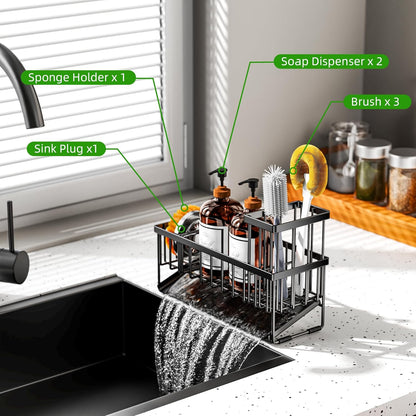 Cisily Sink Caddy Sponge Holder for Kitchen with Brush Holder and Stainless Steel Self Drain Tray, Rustproof Kitchen Sink Organizer for Sponge, Soap Dispenser Storage Accessories