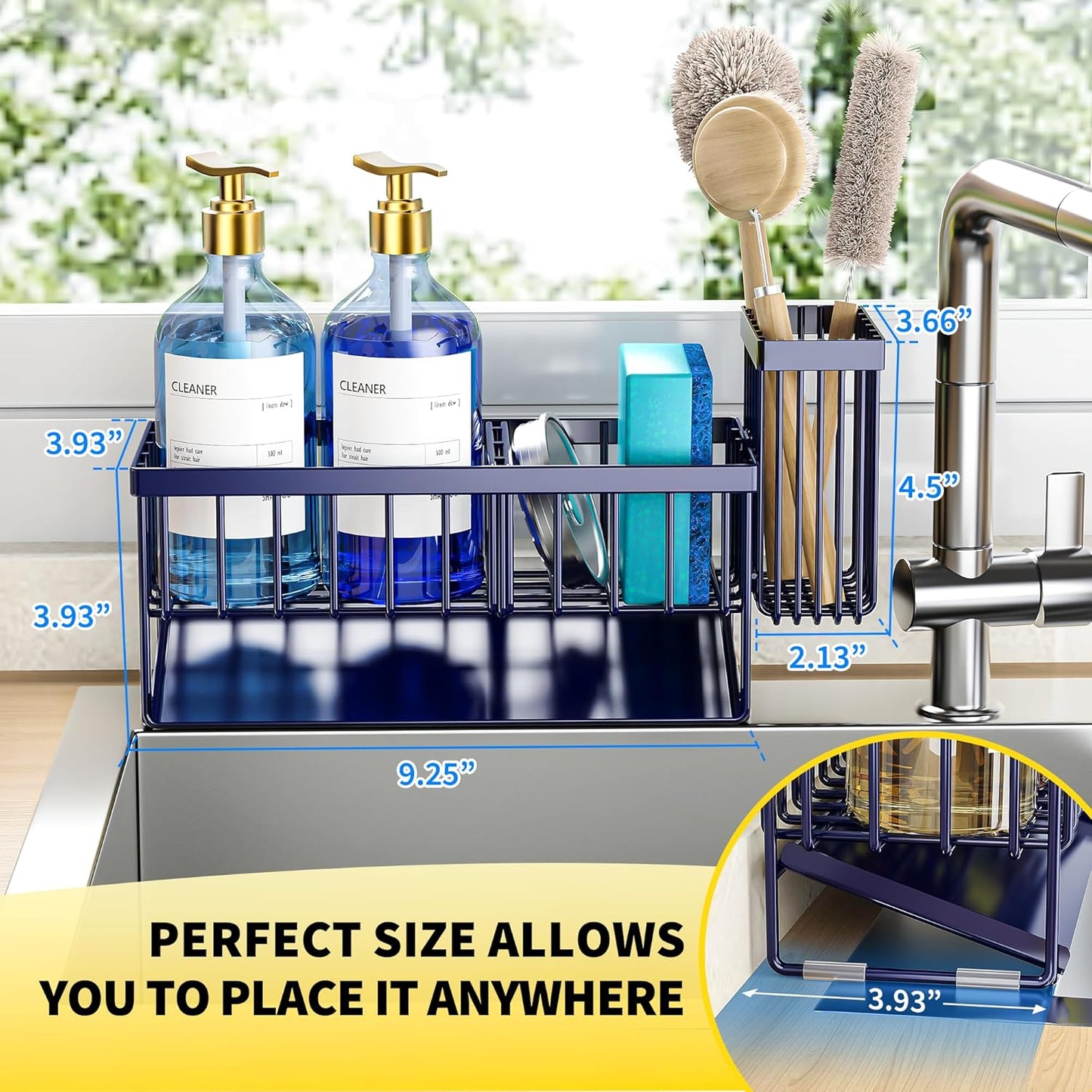 Cisily Sink Caddy Sponge Holder for Kitchen with Brush Holder and Stainless Steel Self Drain Tray, Rustproof Kitchen Sink Organizer for Sponge, Soap Dispenser Storage Accessories