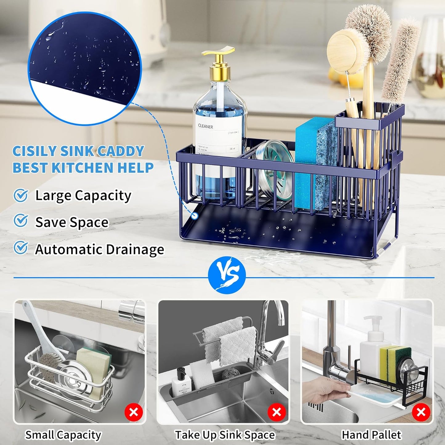 Cisily Sink Caddy Sponge Holder for Kitchen with Brush Holder and Stainless Steel Self Drain Tray, Rustproof Kitchen Sink Organizer for Sponge, Soap Dispenser Storage Accessories
