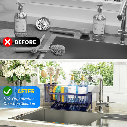 Cisily Sink Caddy Sponge Holder for Kitchen with Brush Holder and Stainless Steel Self Drain Tray, Rustproof Kitchen Sink Organizer for Sponge, Soap Dispenser Storage Accessories