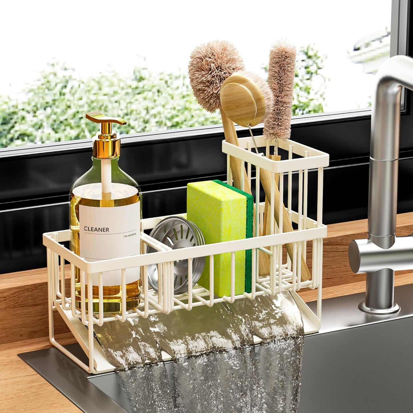 Cisily Sink Caddy Sponge Holder for Kitchen with Brush Holder and Stainless Steel Self Drain Tray, Rustproof Kitchen Sink Organizer for Sponge, Soap Dispenser Storage Accessories