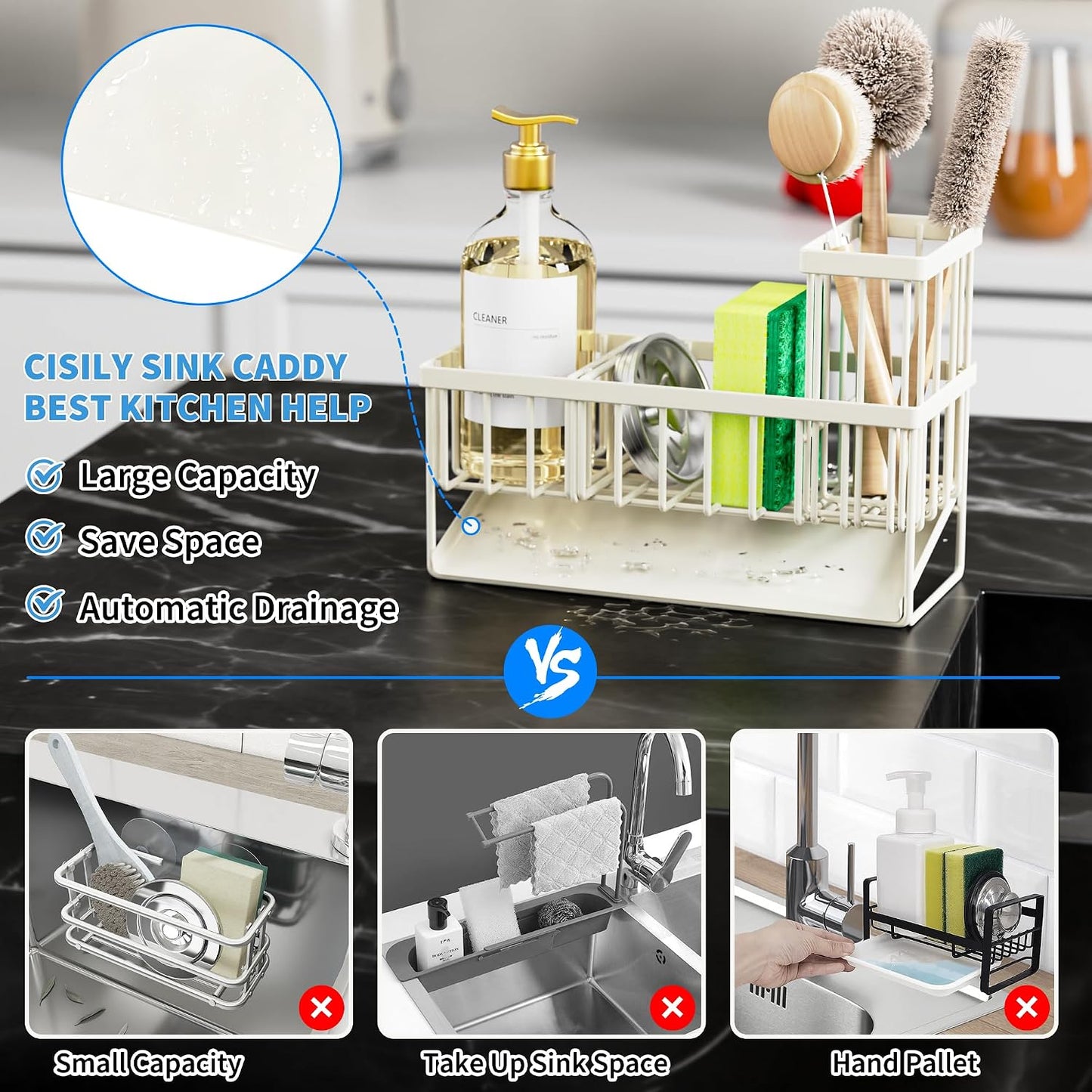 Cisily Sink Caddy Sponge Holder for Kitchen with Brush Holder and Stainless Steel Self Drain Tray, Rustproof Kitchen Sink Organizer for Sponge, Soap Dispenser Storage Accessories