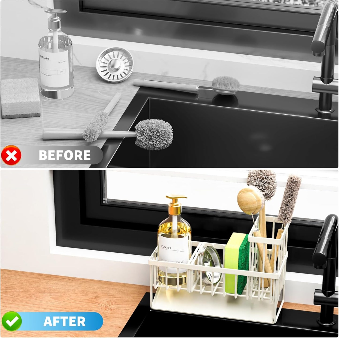 Cisily Sink Caddy Sponge Holder for Kitchen with Brush Holder and Stainless Steel Self Drain Tray, Rustproof Kitchen Sink Organizer for Sponge, Soap Dispenser Storage Accessories