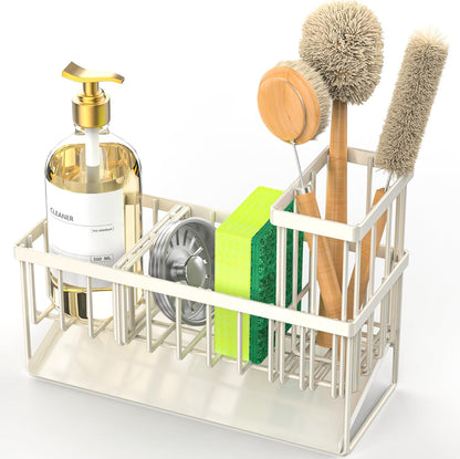Cisily Sink Caddy Sponge Holder for Kitchen with Brush Holder and Stainless Steel Self Drain Tray, Rustproof Kitchen Sink Organizer for Sponge, Soap Dispenser Storage Accessories