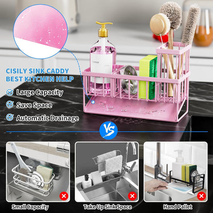 Cisily Sink Caddy Sponge Holder for Kitchen with Brush Holder and Stainless Steel Self Drain Tray, Rustproof Kitchen Sink Organizer for Sponge, Soap Dispenser Storage Accessories