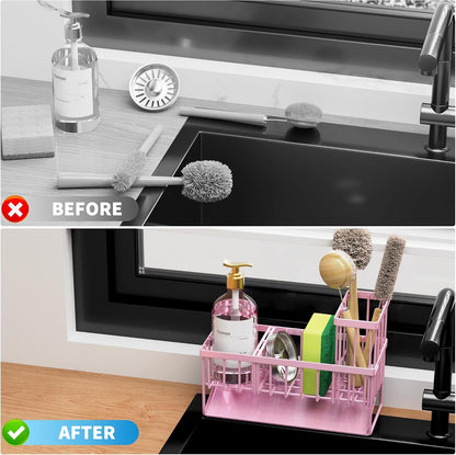 Cisily Sink Caddy Sponge Holder for Kitchen with Brush Holder and Stainless Steel Self Drain Tray, Rustproof Kitchen Sink Organizer for Sponge, Soap Dispenser Storage Accessories
