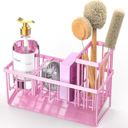Cisily Sink Caddy Sponge Holder for Kitchen with Brush Holder and Stainless Steel Self Drain Tray, Rustproof Kitchen Sink Organizer for Sponge, Soap Dispenser Storage Accessories