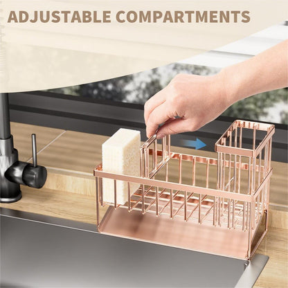 Cisily Sink Caddy Sponge Holder for Kitchen with Brush Holder and Stainless Steel Self Drain Tray, Rustproof Kitchen Sink Organizer for Sponge, Soap Dispenser Storage Accessories