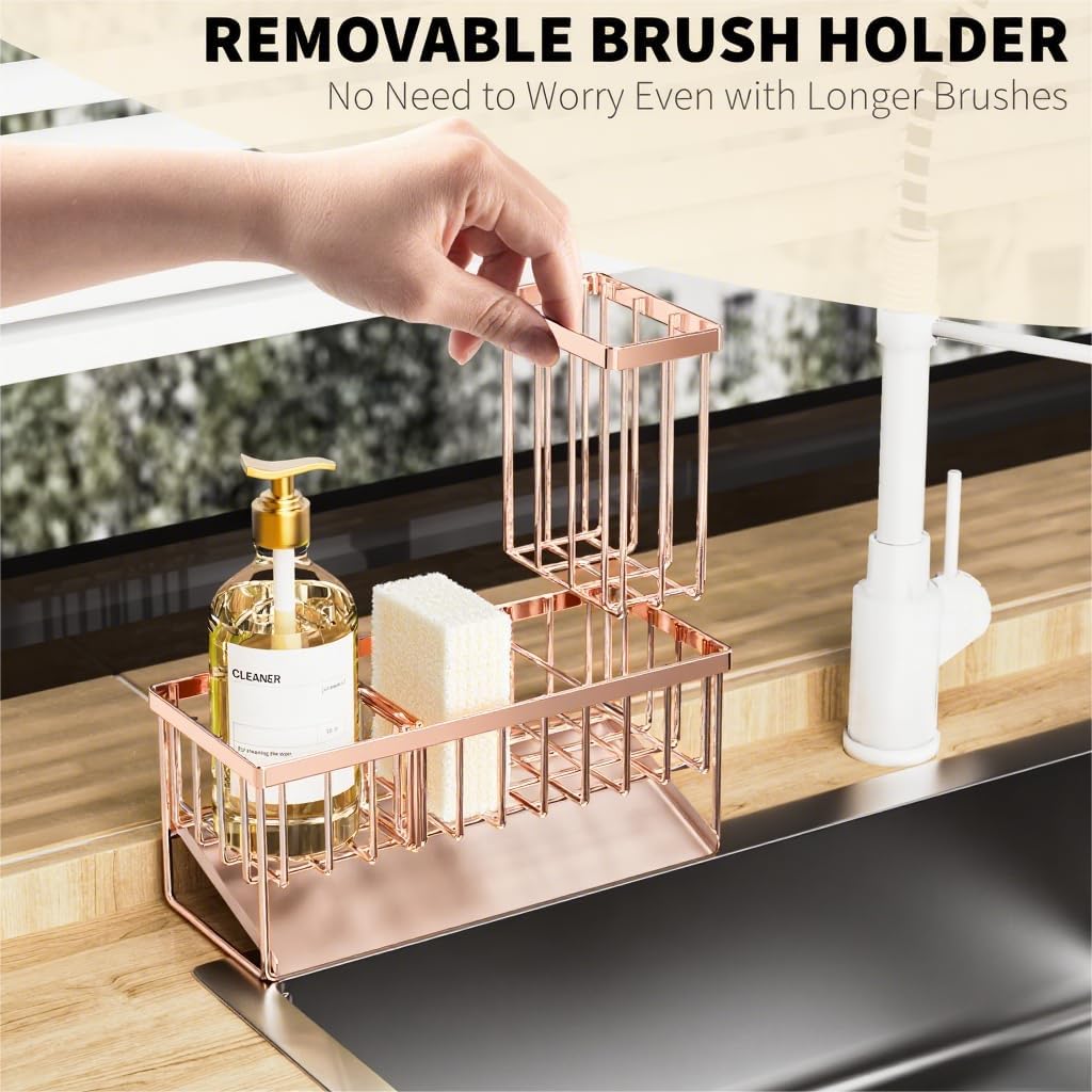 Cisily Sink Caddy Sponge Holder for Kitchen with Brush Holder and Stainless Steel Self Drain Tray, Rustproof Kitchen Sink Organizer for Sponge, Soap Dispenser Storage Accessories
