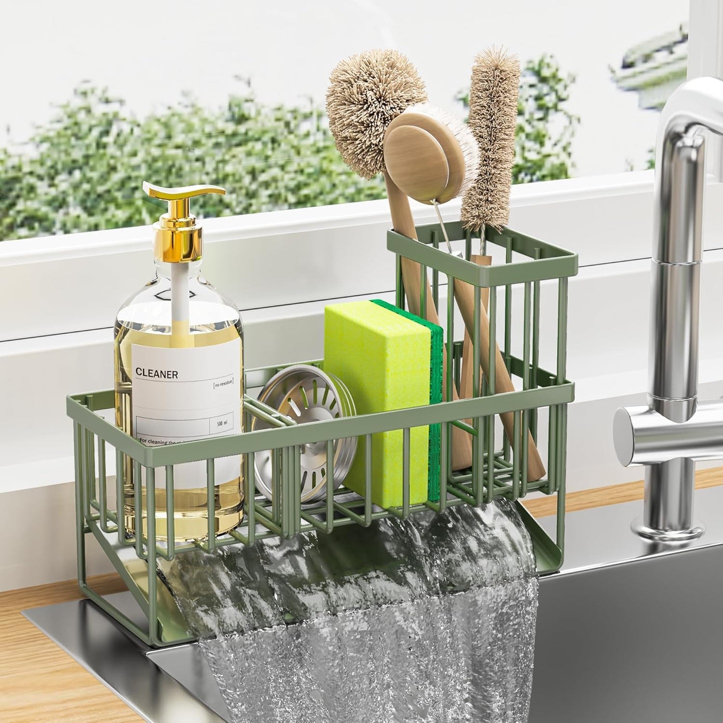 Cisily Sink Caddy Sponge Holder for Kitchen with Brush Holder and Stainless Steel Self Drain Tray, Rustproof Kitchen Sink Organizer for Sponge, Soap Dispenser Storage Accessories