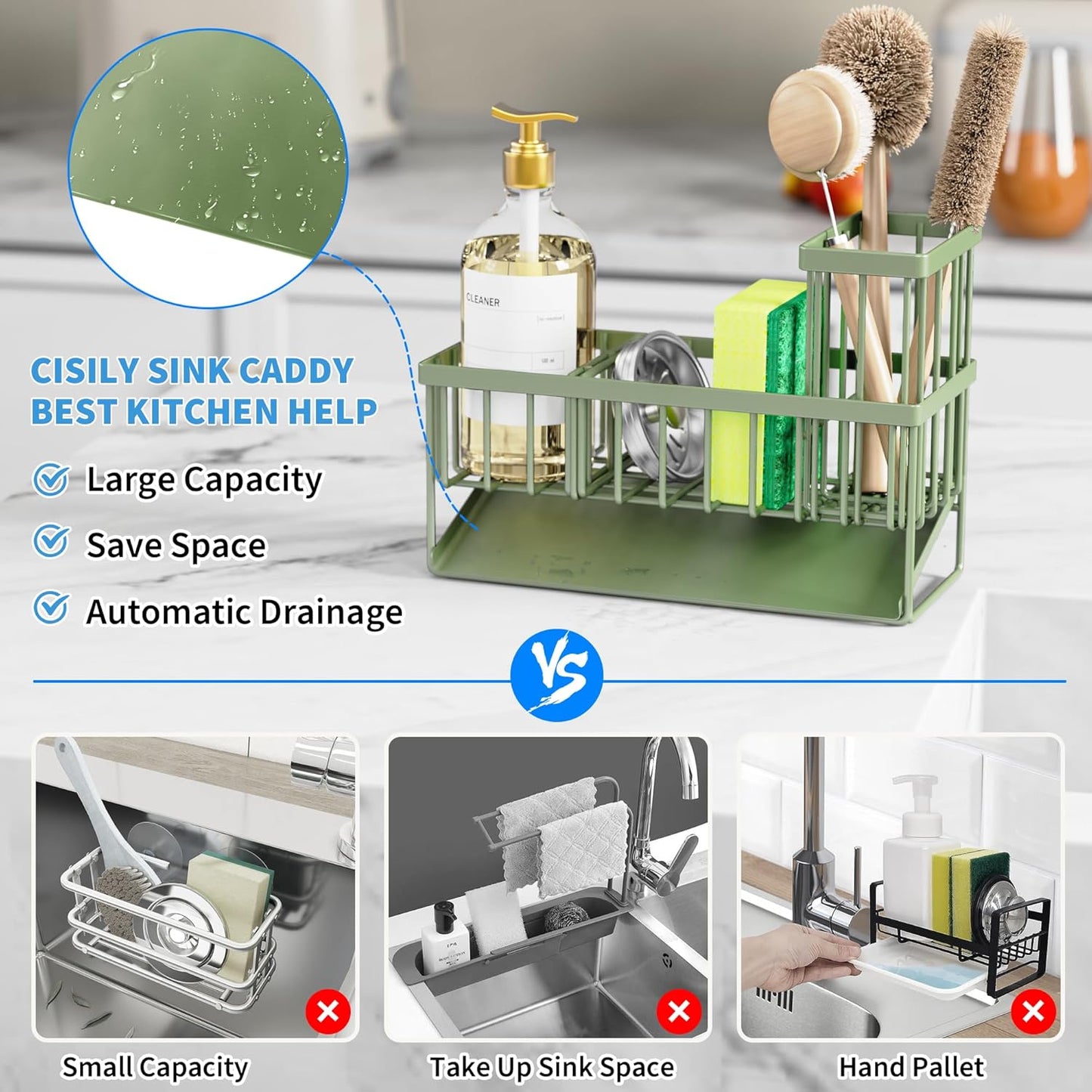 Cisily Sink Caddy Sponge Holder for Kitchen with Brush Holder and Stainless Steel Self Drain Tray, Rustproof Kitchen Sink Organizer for Sponge, Soap Dispenser Storage Accessories