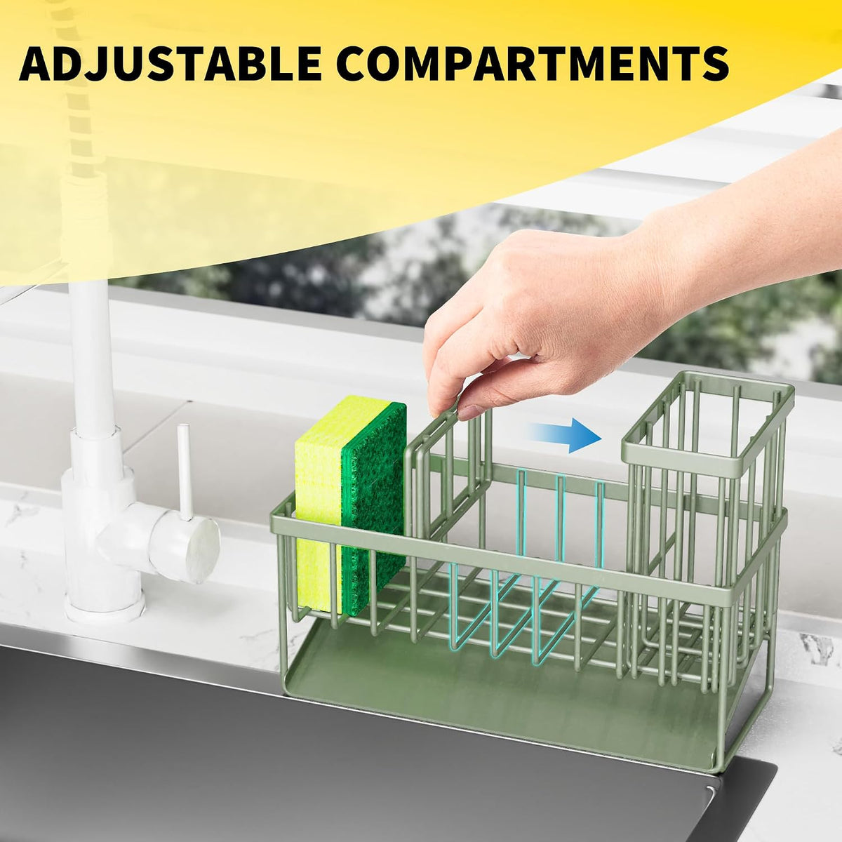 Cisily Sink Caddy Sponge Holder for Kitchen with Brush Holder and Stainless Steel Self Drain Tray, Rustproof Kitchen Sink Organizer for Sponge, Soap Dispenser Storage Accessories