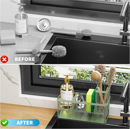 Cisily Sink Caddy Sponge Holder for Kitchen with Brush Holder and Stainless Steel Self Drain Tray, Rustproof Kitchen Sink Organizer for Sponge, Soap Dispenser Storage Accessories