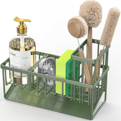 Cisily Sink Caddy Sponge Holder for Kitchen with Brush Holder and Stainless Steel Self Drain Tray, Rustproof Kitchen Sink Organizer for Sponge, Soap Dispenser Storage Accessories