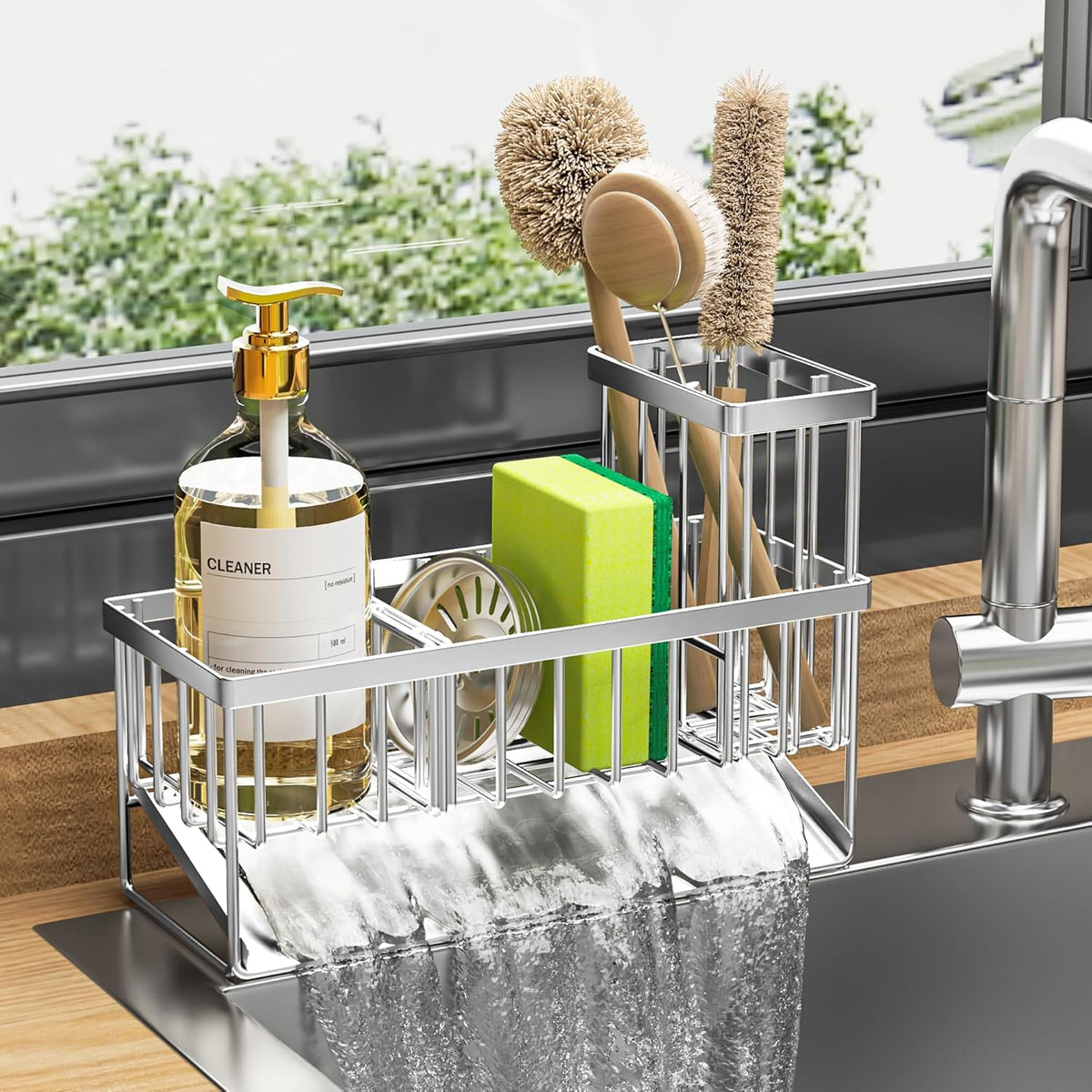 Cisily Sink Caddy Sponge Holder for Kitchen with Brush Holder and Stainless Steel Self Drain Tray, Rustproof Kitchen Sink Organizer for Sponge, Soap Dispenser Storage Accessories