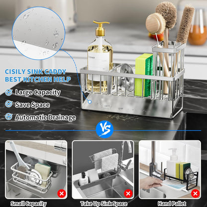 Cisily Sink Caddy Sponge Holder for Kitchen with Brush Holder and Stainless Steel Self Drain Tray, Rustproof Kitchen Sink Organizer for Sponge, Soap Dispenser Storage Accessories