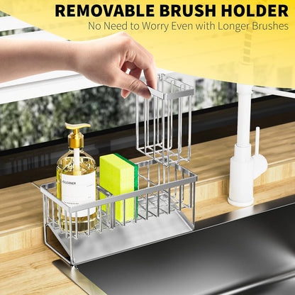 Cisily Sink Caddy Sponge Holder for Kitchen with Brush Holder and Stainless Steel Self Drain Tray, Rustproof Kitchen Sink Organizer for Sponge, Soap Dispenser Storage Accessories