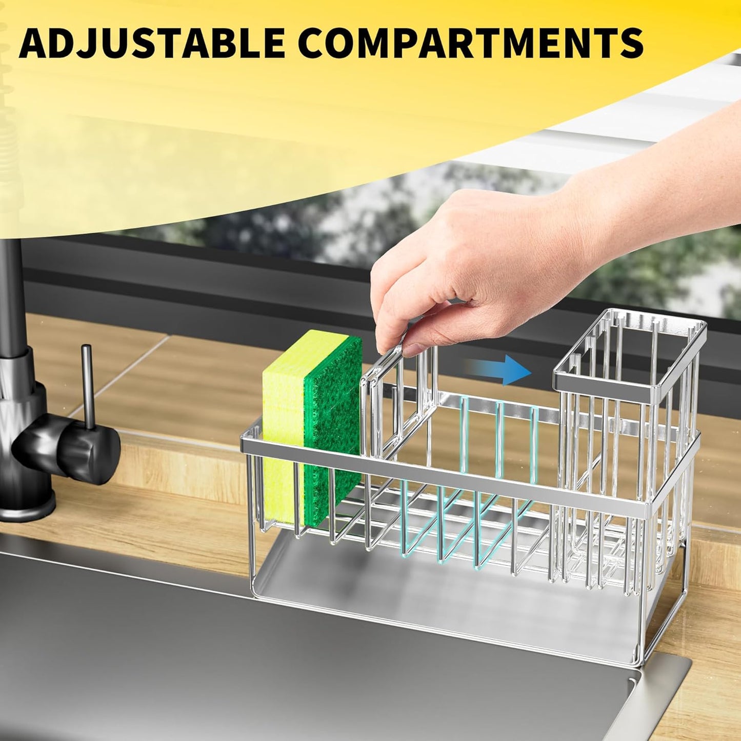 Cisily Sink Caddy Sponge Holder for Kitchen with Brush Holder and Stainless Steel Self Drain Tray, Rustproof Kitchen Sink Organizer for Sponge, Soap Dispenser Storage Accessories