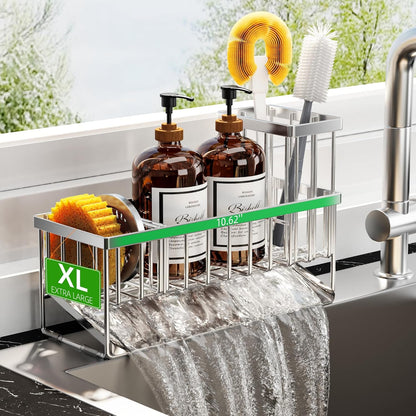 Cisily Sink Caddy Sponge Holder for Kitchen with Brush Holder and Stainless Steel Self Drain Tray, Rustproof Kitchen Sink Organizer for Sponge, Soap Dispenser Storage Accessories