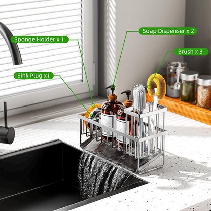 Cisily Sink Caddy Sponge Holder for Kitchen with Brush Holder and Stainless Steel Self Drain Tray, Rustproof Kitchen Sink Organizer for Sponge, Soap Dispenser Storage Accessories
