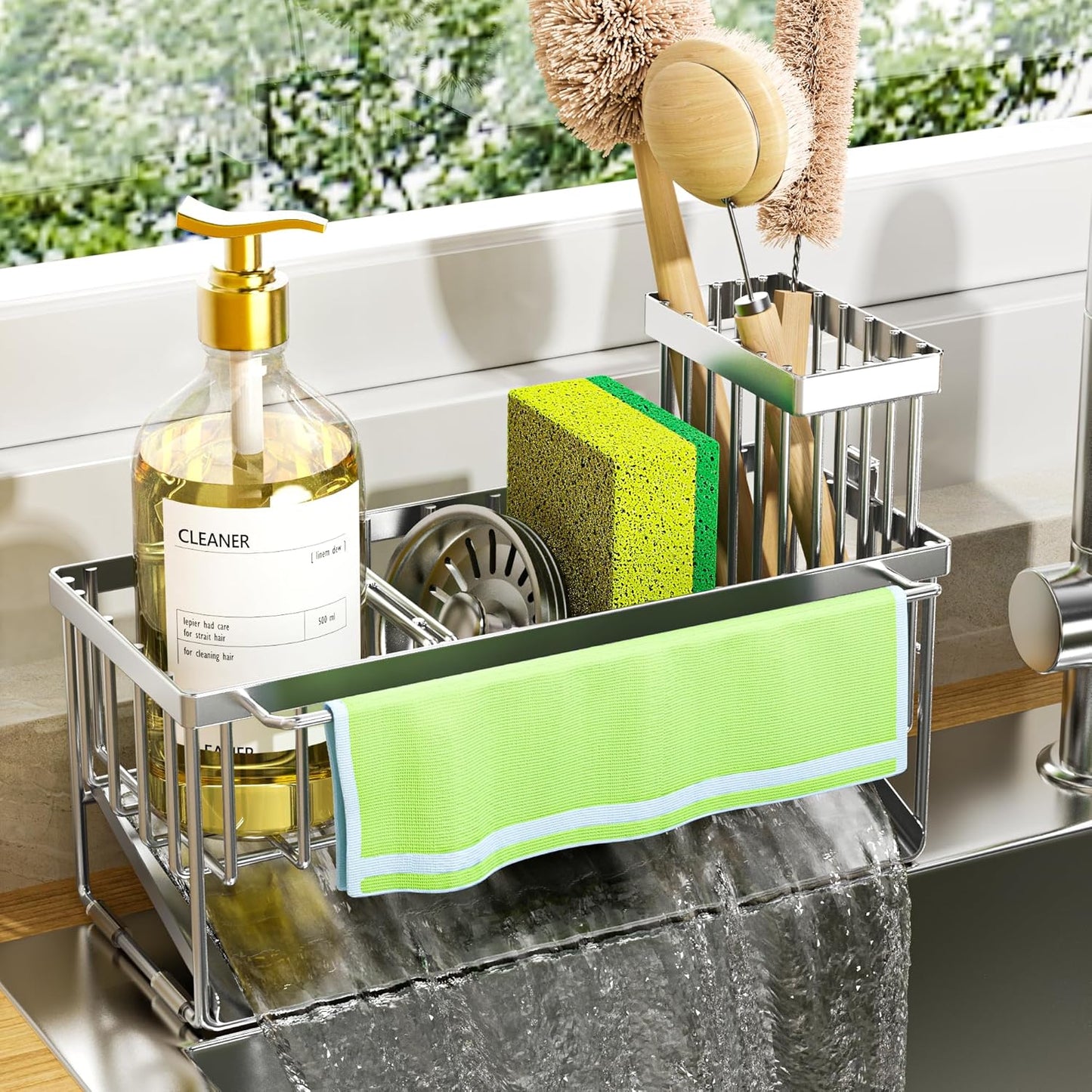 Cisily Sink Caddy Sponge Holder for Kitchen with Brush Holder and Stainless Steel Self Drain Tray, Rustproof Kitchen Sink Organizer for Sponge, Soap Dispenser Storage Accessories