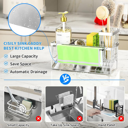 Cisily Sink Caddy Sponge Holder for Kitchen with Brush Holder and Stainless Steel Self Drain Tray, Rustproof Kitchen Sink Organizer for Sponge, Soap Dispenser Storage Accessories