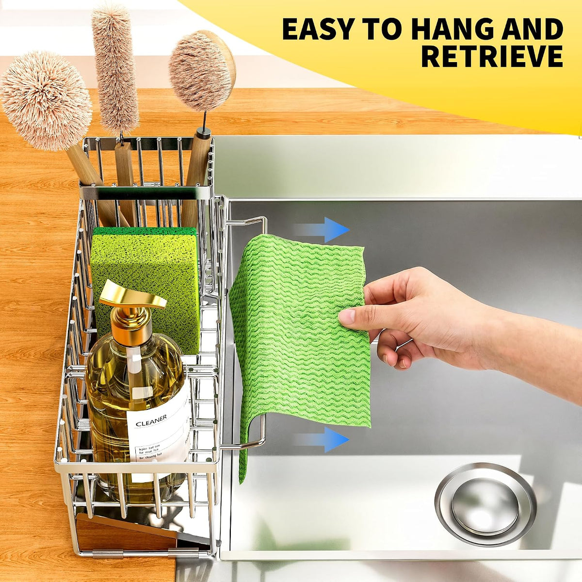 Cisily Sink Caddy Sponge Holder for Kitchen with Brush Holder and Stainless Steel Self Drain Tray, Rustproof Kitchen Sink Organizer for Sponge, Soap Dispenser Storage Accessories