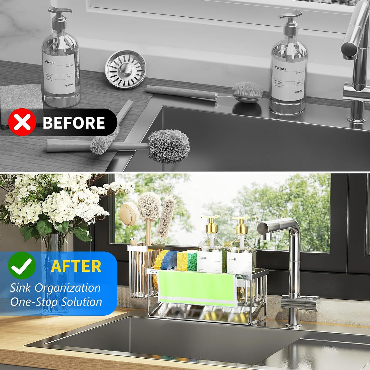 Cisily Sink Caddy Sponge Holder for Kitchen with Brush Holder and Stainless Steel Self Drain Tray, Rustproof Kitchen Sink Organizer for Sponge, Soap Dispenser Storage Accessories