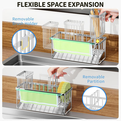 Cisily Sink Caddy Sponge Holder for Kitchen with Brush Holder and Stainless Steel Self Drain Tray, Rustproof Kitchen Sink Organizer for Sponge, Soap Dispenser Storage Accessories