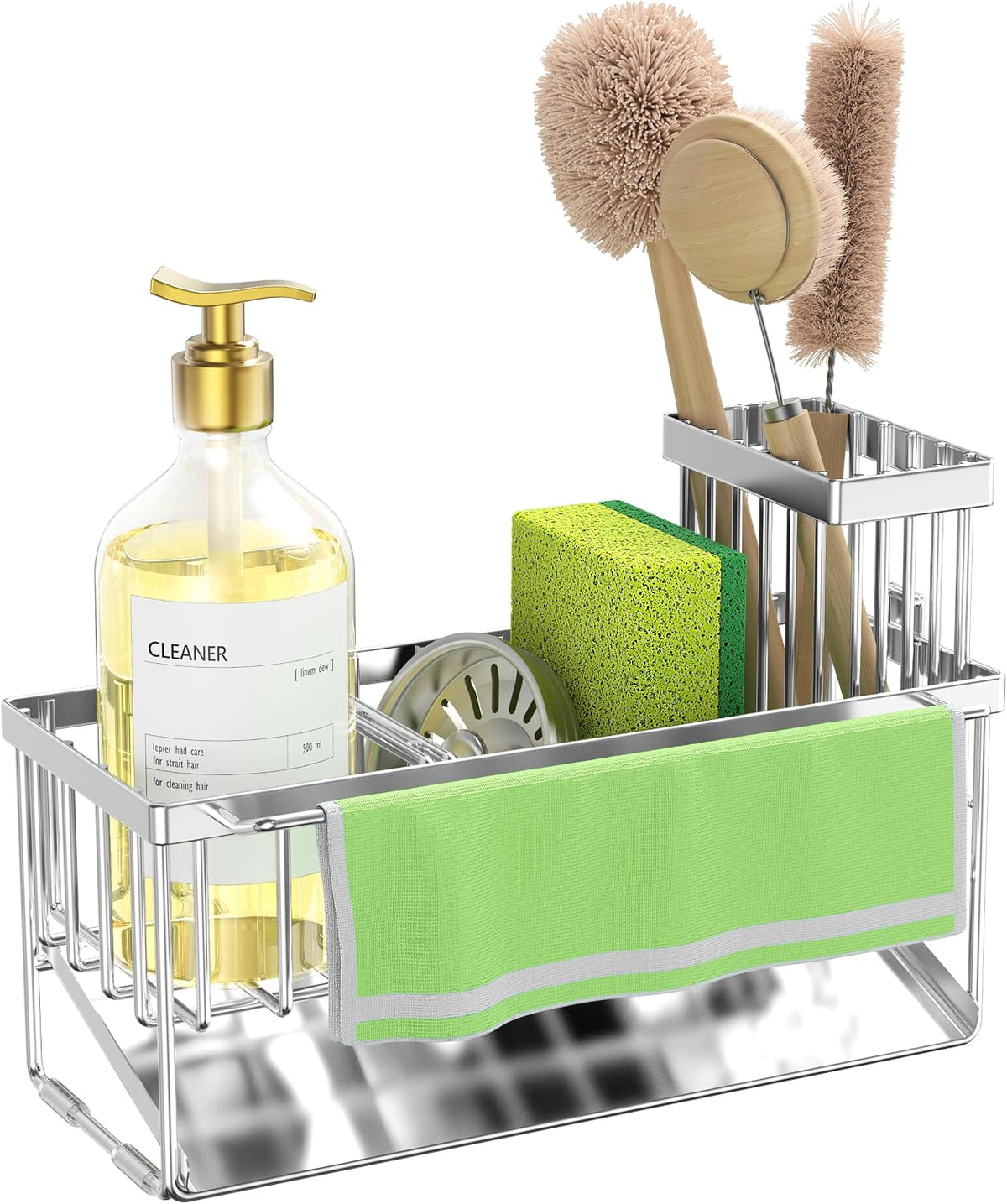 Cisily Sink Caddy Sponge Holder for Kitchen with Brush Holder and Stainless Steel Self Drain Tray, Rustproof Kitchen Sink Organizer for Sponge, Soap Dispenser Storage Accessories