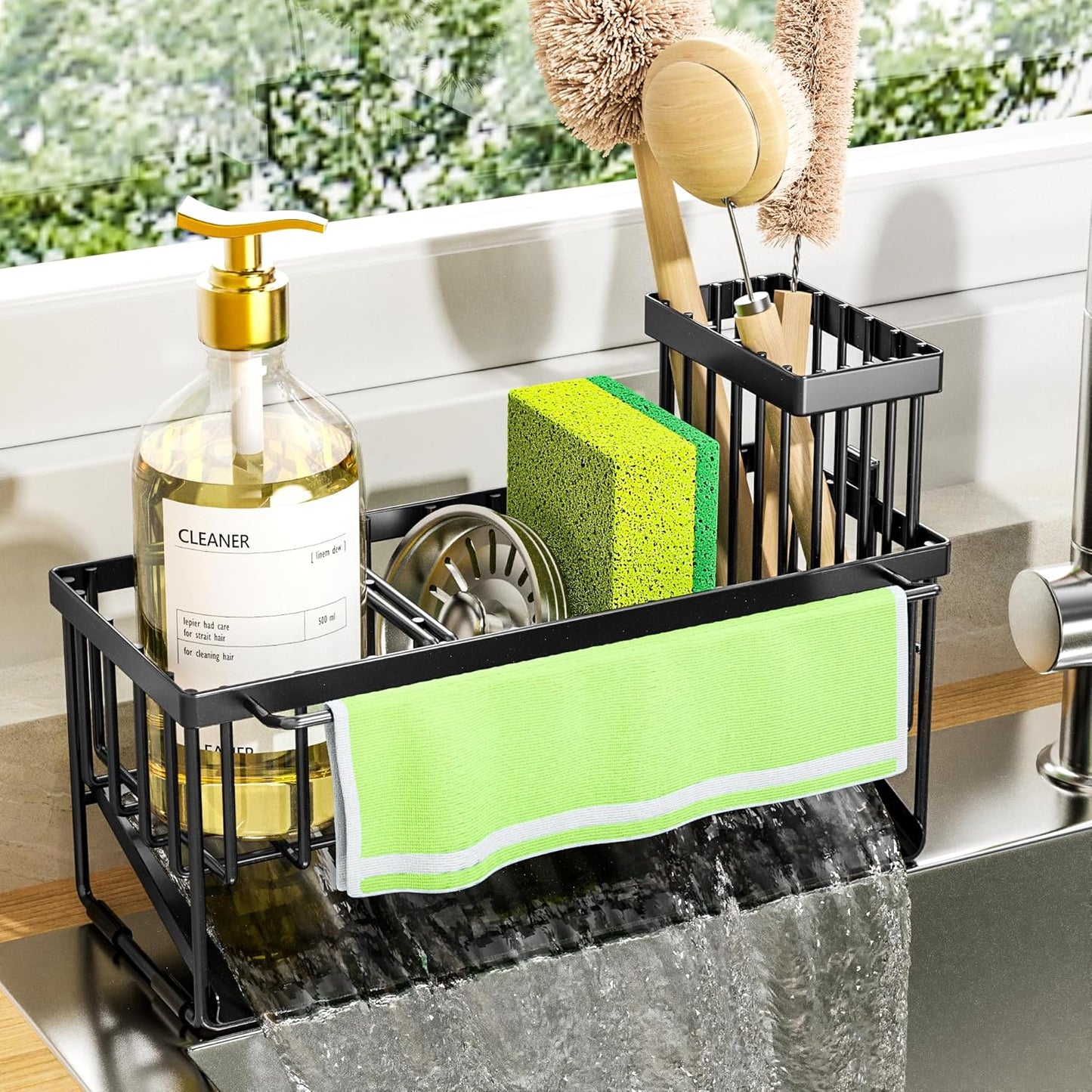 Cisily Sink Caddy Sponge Holder for Kitchen with Brush Holder and Stainless Steel Self Drain Tray, Rustproof Kitchen Sink Organizer for Sponge, Soap Dispenser Storage Accessories