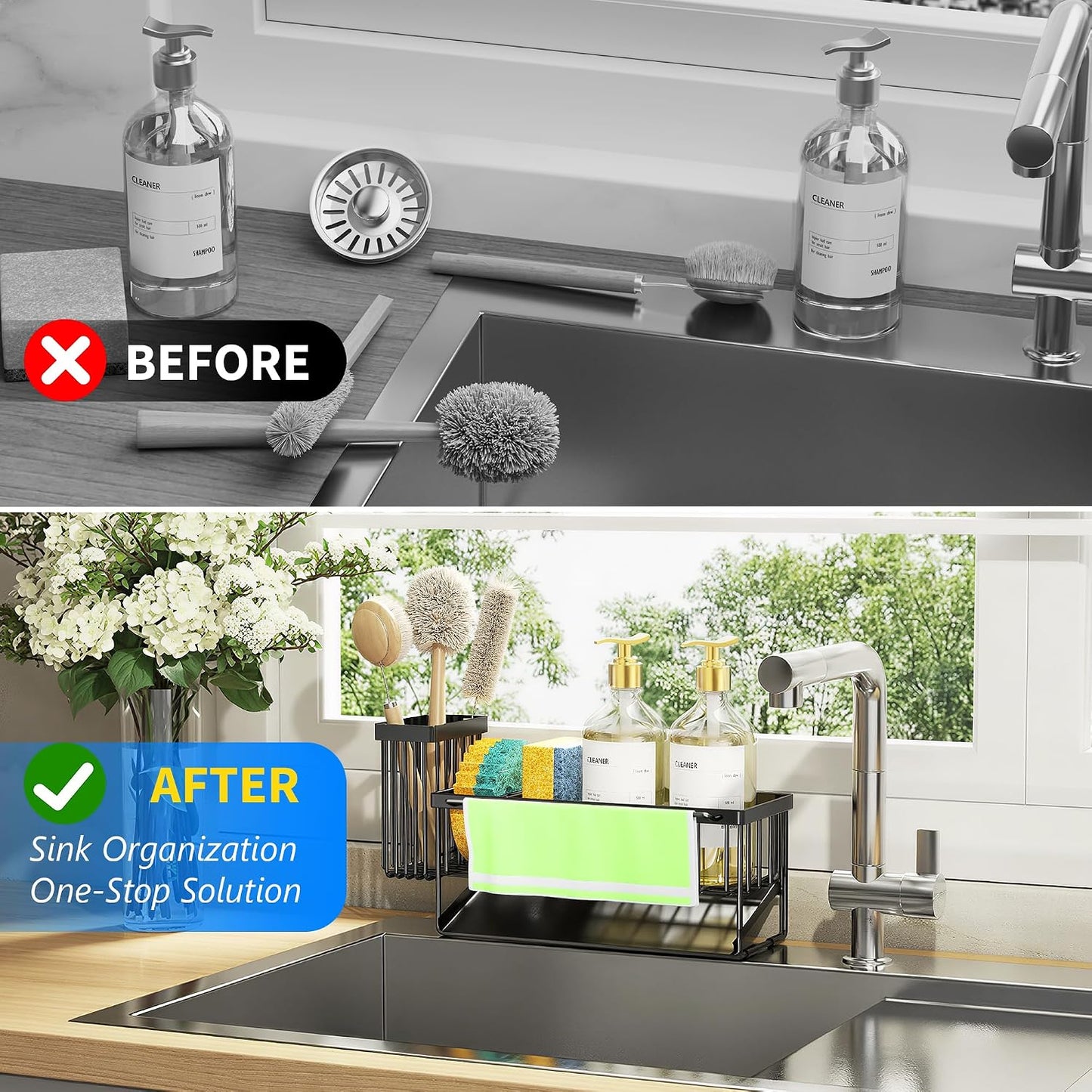 Cisily Sink Caddy Sponge Holder for Kitchen with Brush Holder and Stainless Steel Self Drain Tray, Rustproof Kitchen Sink Organizer for Sponge, Soap Dispenser Storage Accessories