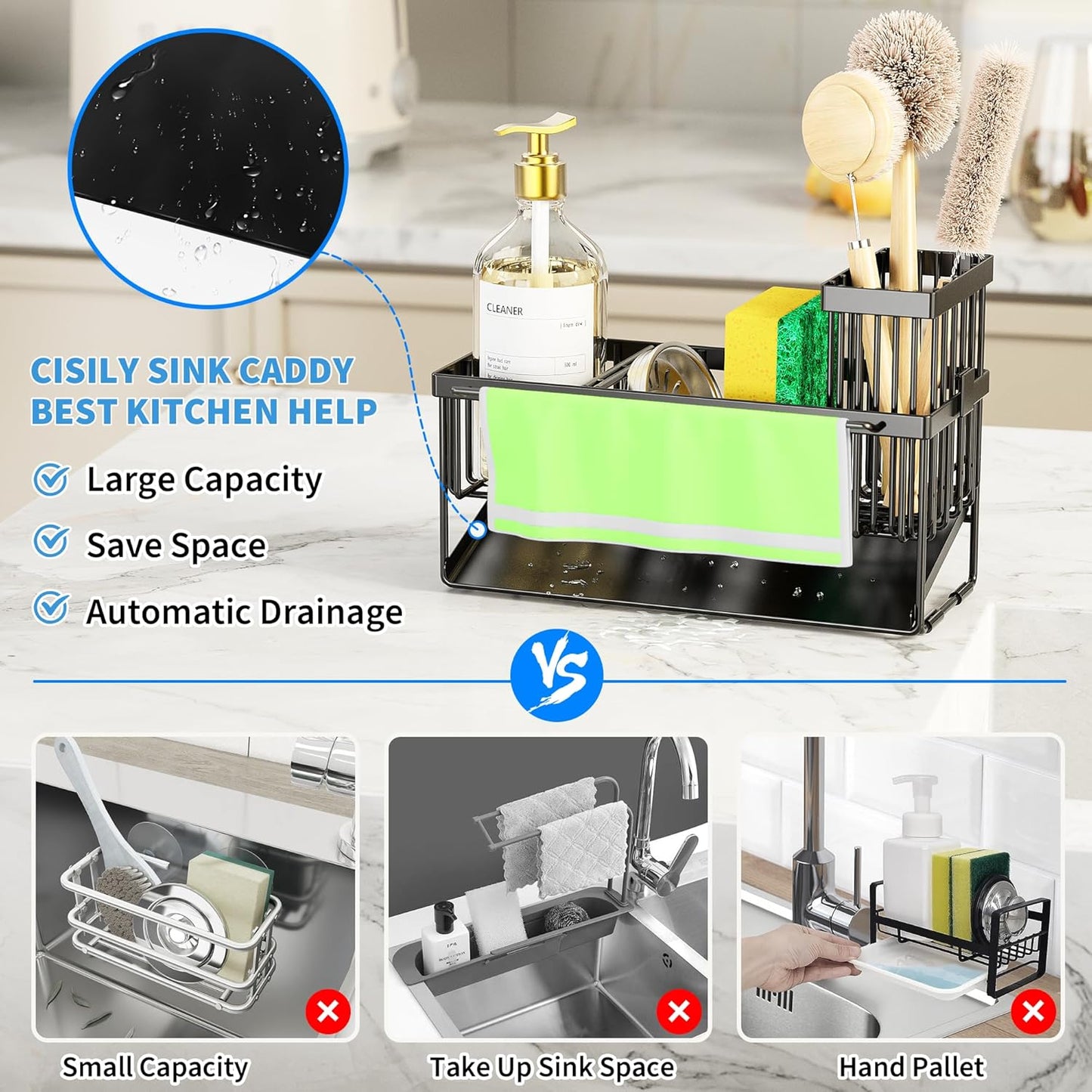 Cisily Sink Caddy Sponge Holder for Kitchen with Brush Holder and Stainless Steel Self Drain Tray, Rustproof Kitchen Sink Organizer for Sponge, Soap Dispenser Storage Accessories
