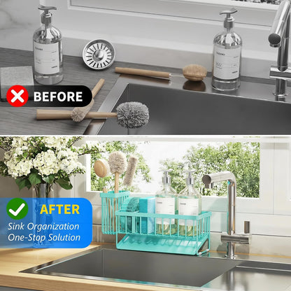 Cisily Sink Caddy Sponge Holder for Kitchen with Brush Holder and Stainless Steel Self Drain Tray, Rustproof Kitchen Sink Organizer for Sponge, Soap Dispenser Storage Accessories