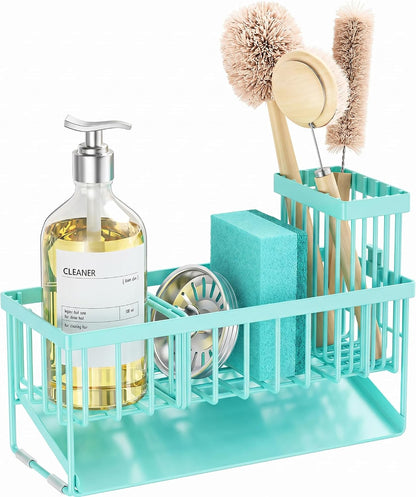 Cisily Sink Caddy Sponge Holder for Kitchen with Brush Holder and Stainless Steel Self Drain Tray, Rustproof Kitchen Sink Organizer for Sponge, Soap Dispenser Storage Accessories