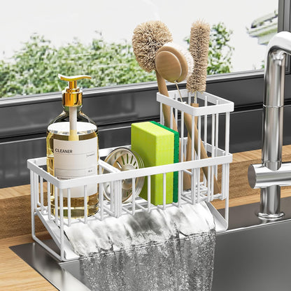 Cisily Sink Caddy Sponge Holder for Kitchen with Brush Holder and Stainless Steel Self Drain Tray, Rustproof Kitchen Sink Organizer for Sponge, Soap Dispenser Storage Accessories