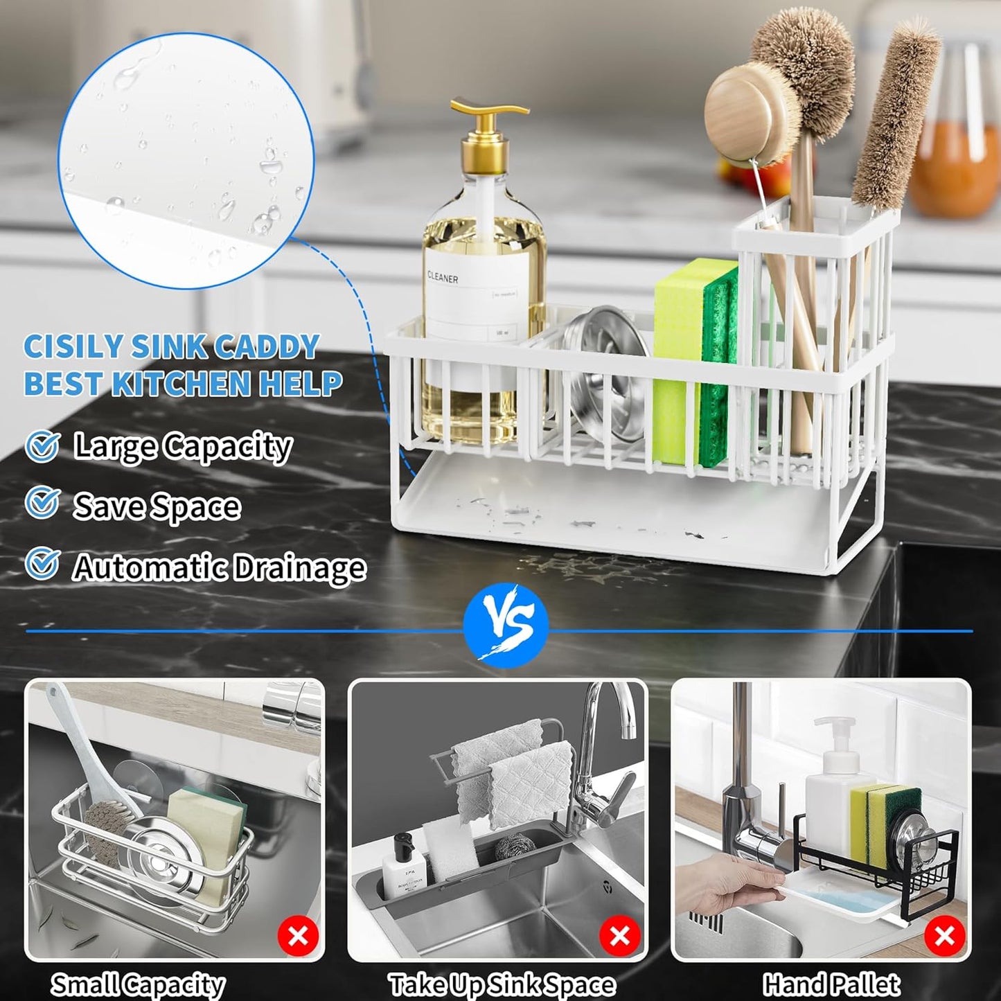Cisily Sink Caddy Sponge Holder for Kitchen with Brush Holder and Stainless Steel Self Drain Tray, Rustproof Kitchen Sink Organizer for Sponge, Soap Dispenser Storage Accessories