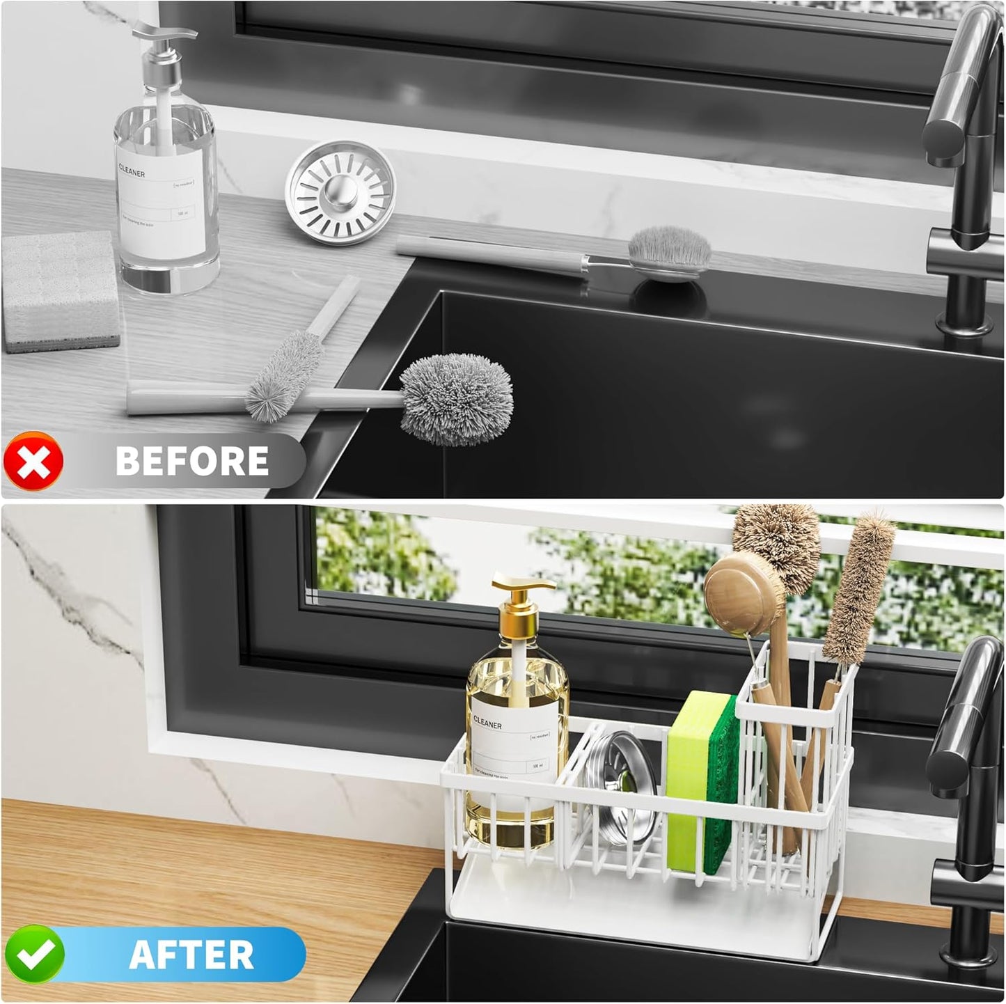 Cisily Sink Caddy Sponge Holder for Kitchen with Brush Holder and Stainless Steel Self Drain Tray, Rustproof Kitchen Sink Organizer for Sponge, Soap Dispenser Storage Accessories