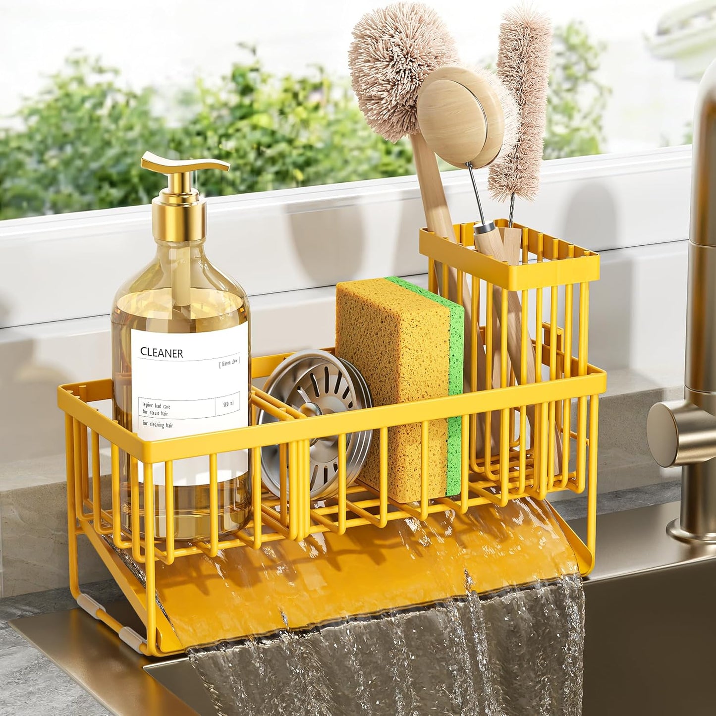 Cisily Sink Caddy Sponge Holder for Kitchen with Brush Holder and Stainless Steel Self Drain Tray, Rustproof Kitchen Sink Organizer for Sponge, Soap Dispenser Storage Accessories