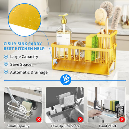 Cisily Sink Caddy Sponge Holder for Kitchen with Brush Holder and Stainless Steel Self Drain Tray, Rustproof Kitchen Sink Organizer for Sponge, Soap Dispenser Storage Accessories