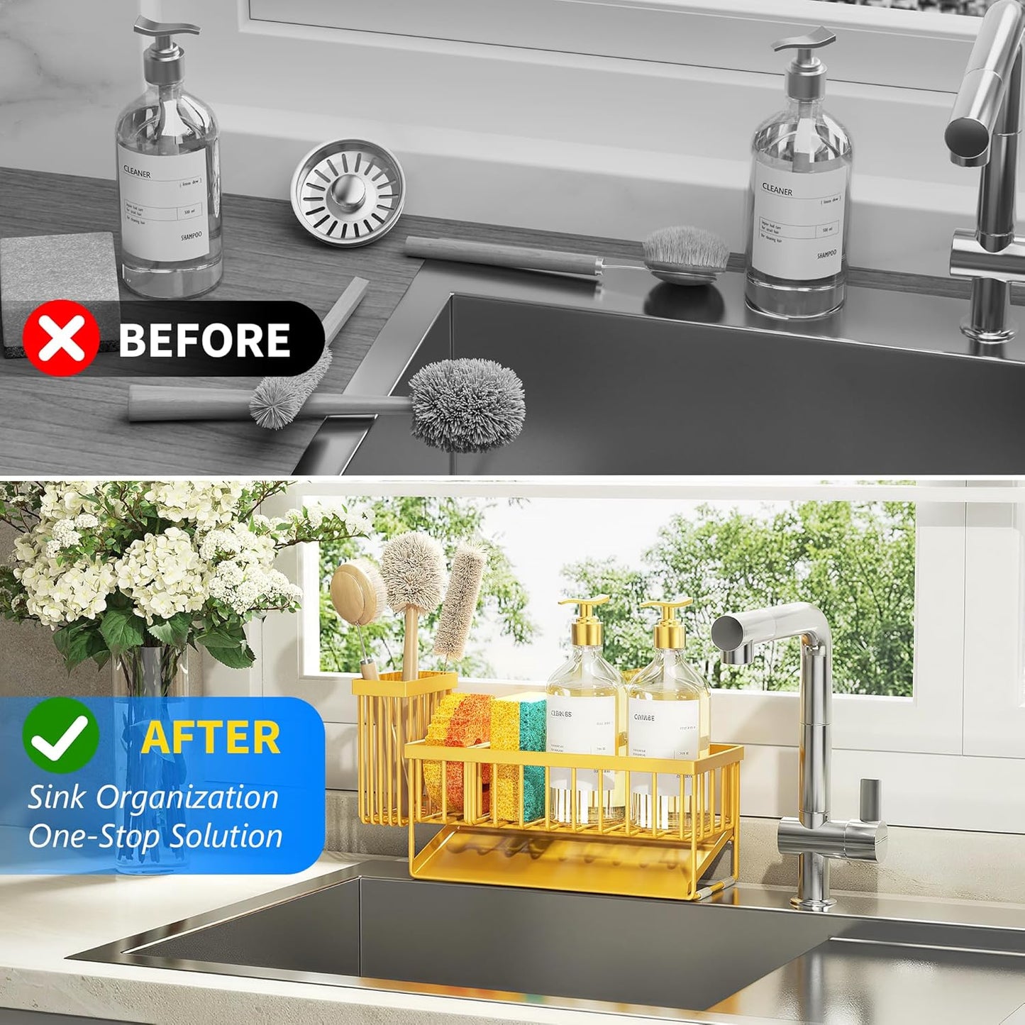Cisily Sink Caddy Sponge Holder for Kitchen with Brush Holder and Stainless Steel Self Drain Tray, Rustproof Kitchen Sink Organizer for Sponge, Soap Dispenser Storage Accessories