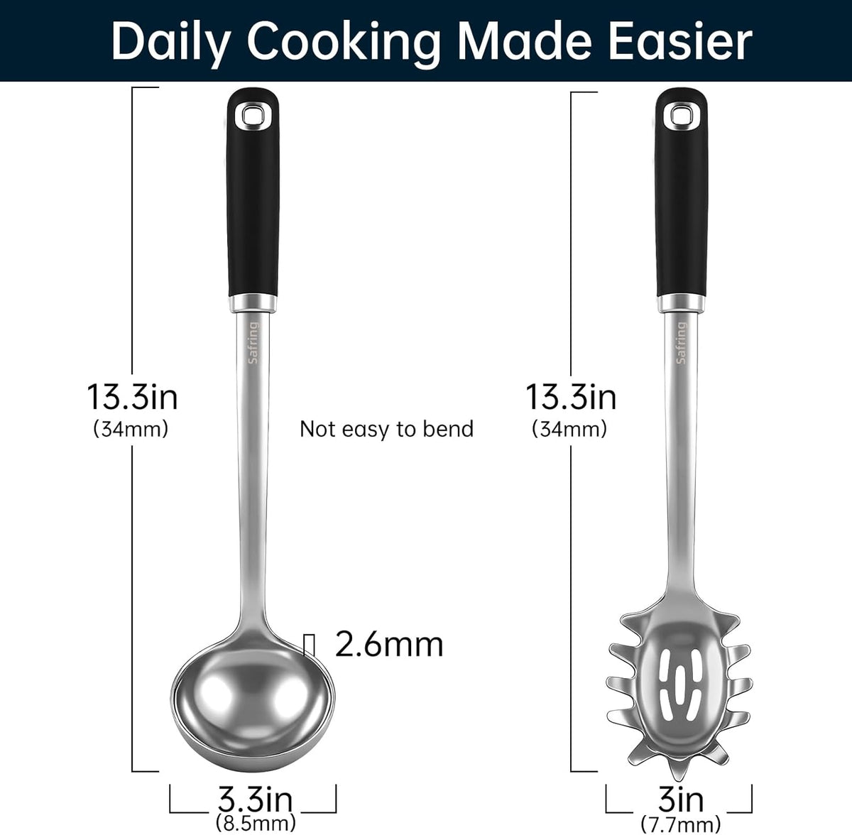 Stainless Steel Soup Ladle and Spaghetti Spoon Set, Heat Resistant Rubber Handle, Dishwasher Safe, Kitchen Utensils for Cooking, Stirring, Serving Pasta, Soup & Sauce